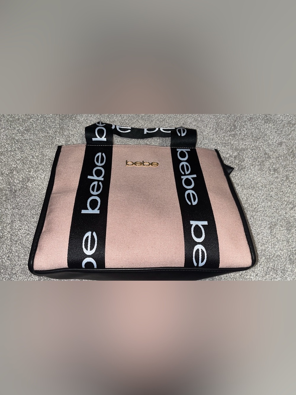 bebe Pink Tote with Black Logo Straps and Gold Emblem